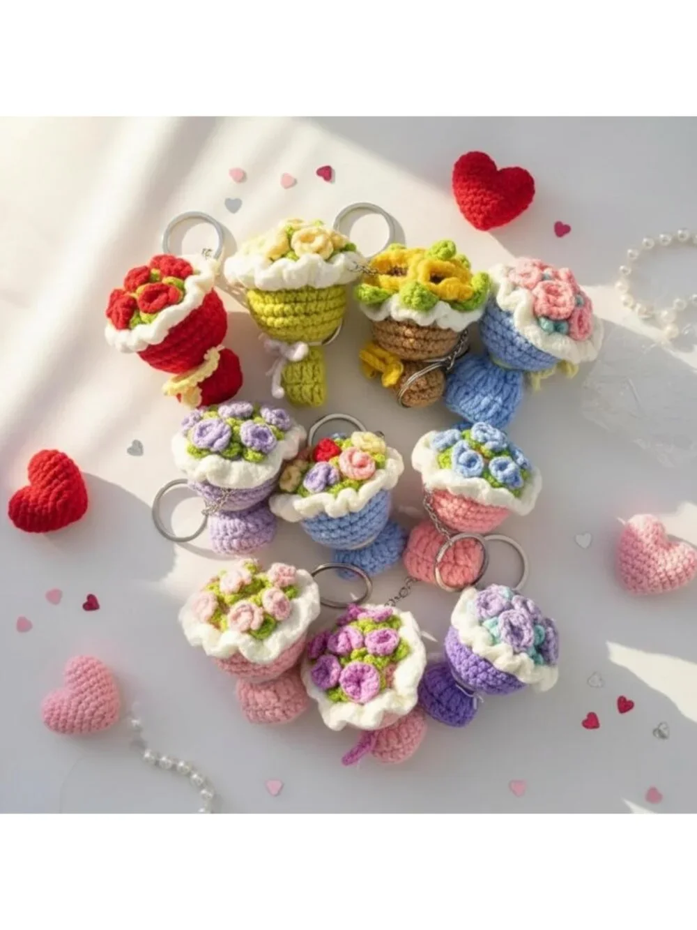 Handmade Crochet Flower Keychain Set - 10 Pcs Bag Charm for Gifts & Decor
